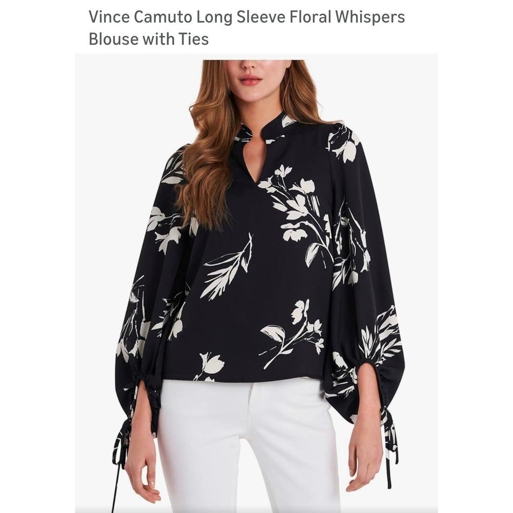 Vince Camuto Floral Whispers Blouse Rich Black White Long Sleeve Tie Cuff Top